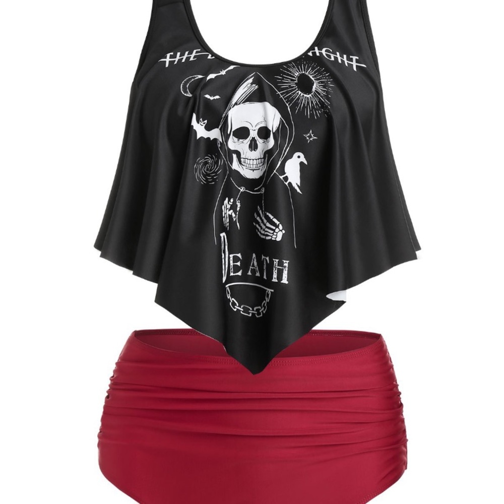 Skull graphic high waisted tankini swimwear.
